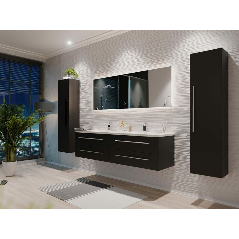 

Set de mueble de baño Colossos 160 4 Partes con espejo-LED Negro brillo sedoso