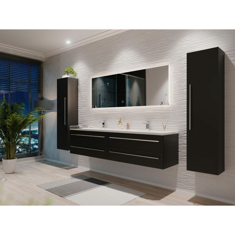 

Set de mueble de baño Colossos 180 4 Partes con espejo-LED Negro brillo sedoso