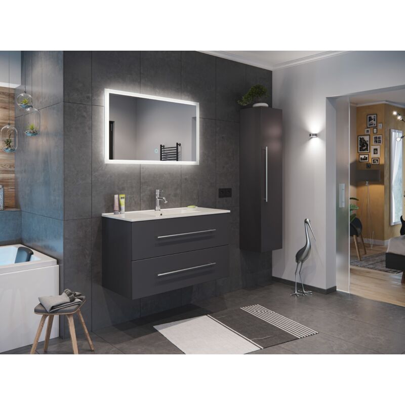 

Set de mueble de baño Firenze 100 3 Partes Antracita satinado con Espejo-LED