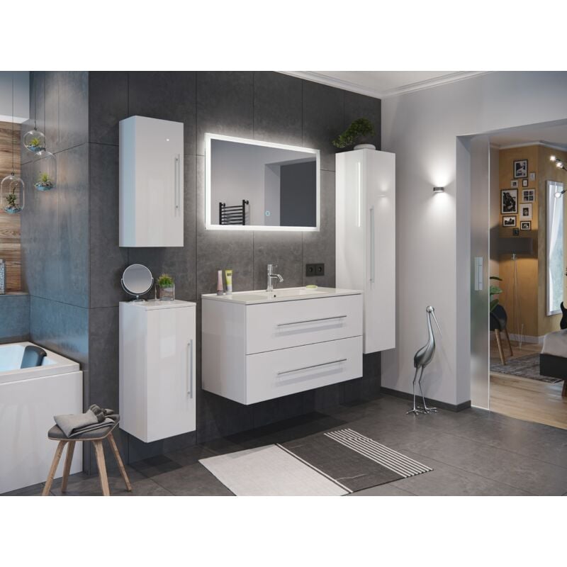

Set de mueble de baño Firenze 100 (5 part./A) Blanco brillante con Espejo - LED