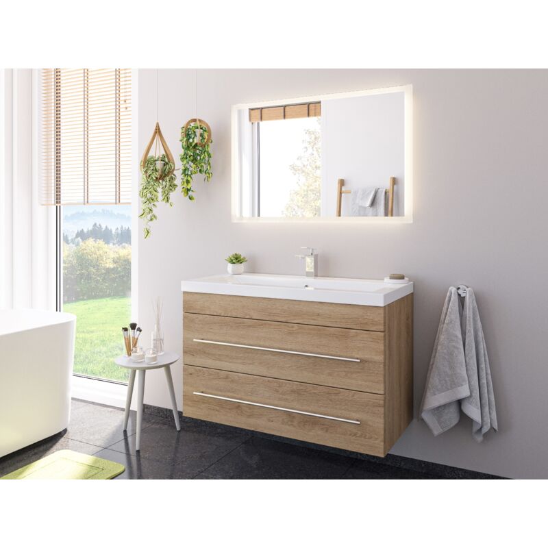 

Set de mueble de baño Lex 100 (2 part.) Roble claro con Espejo - LED
