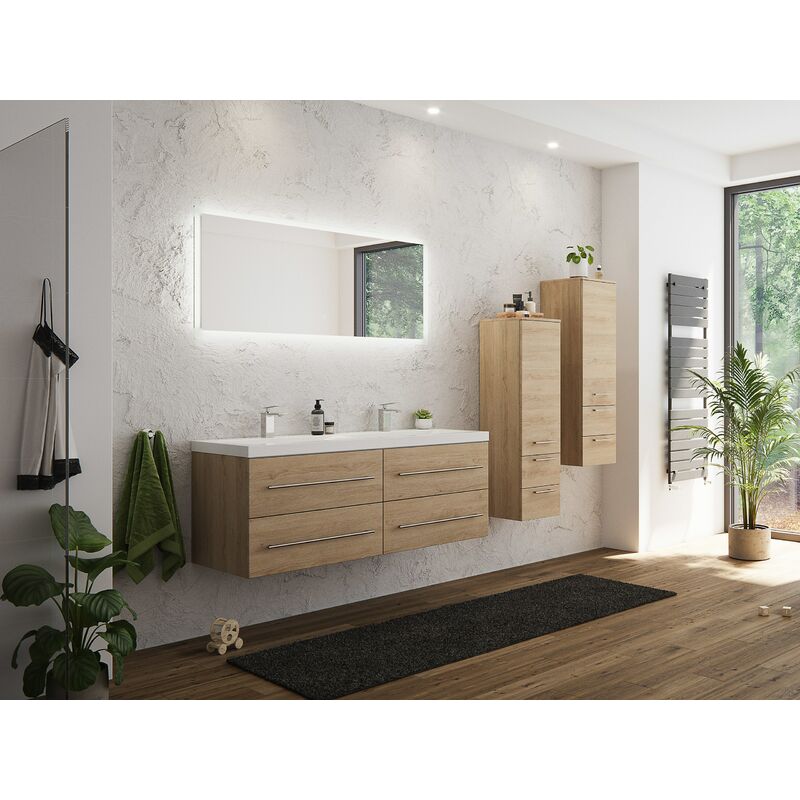 

Set de mueble de baño Persepolis XL Roble claro 2 mueble auxiliar Espejo-LED