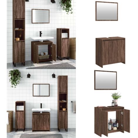 Set de muebles baño 2 pzas madera contrachapada marrón roble - Armario baño - Espejo baño