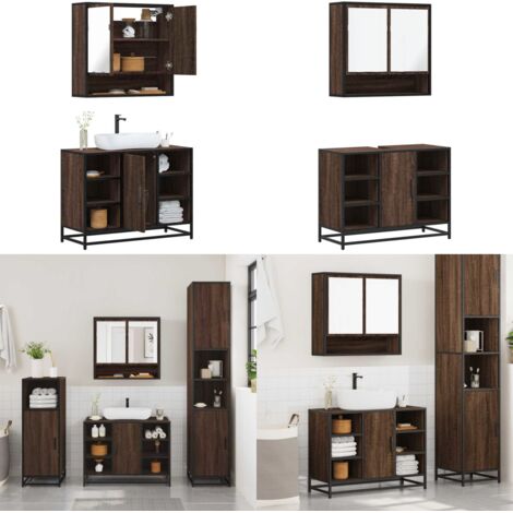 Set de muebles baño 2 pzas madera contrachapada marrón roble - Armario de baño - Espejo de baño