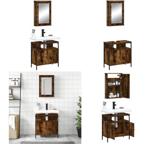 Set de muebles baño 2 pzas madera contrachapada roble ahumado - Armario de baño - Mueble de baño con espejo
