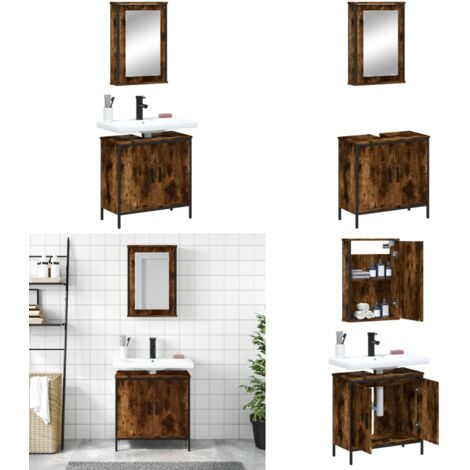 Set de muebles baño 2 pzas madera contrachapada roble ahumado - Armario de baño - Mueble de baño con espejo