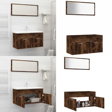 Set de muebles baño 2 pzas madera contrachapada roble ahumado - Armario de baño - Muebles de baño con espejo