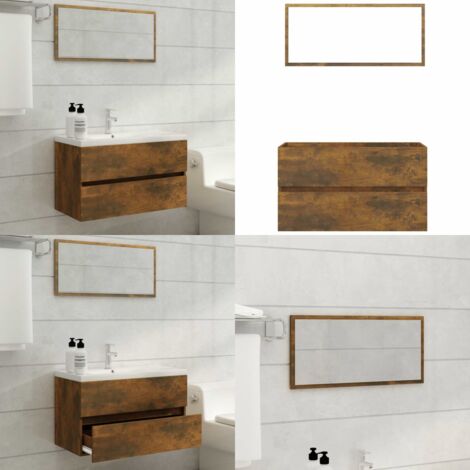 Set de muebles baño 2 pzas madera contrachapada roble ahumado - Armario de baño - Muebles de baño con espejo