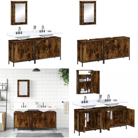 Set de muebles baño 3 pzas madera contrachapada roble ahumado - Armario de baño - Mueble de baño con espejo