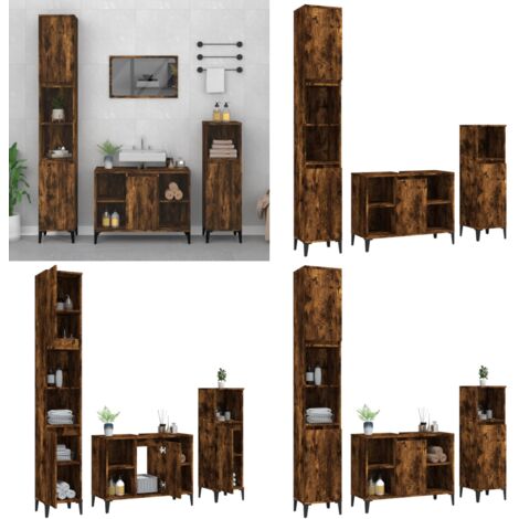 Set de muebles baño 3 pzas madera contrachapada roble ahumado - Muebles de baño - Armario de baño con almacenamiento