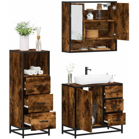 Set de muebles baño 3 pzas madera contrachapada roble ahumado vidaXL