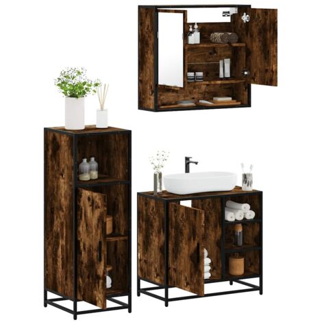 Set de muebles baño 3 pzas madera contrachapada roble ahumado vidaXL