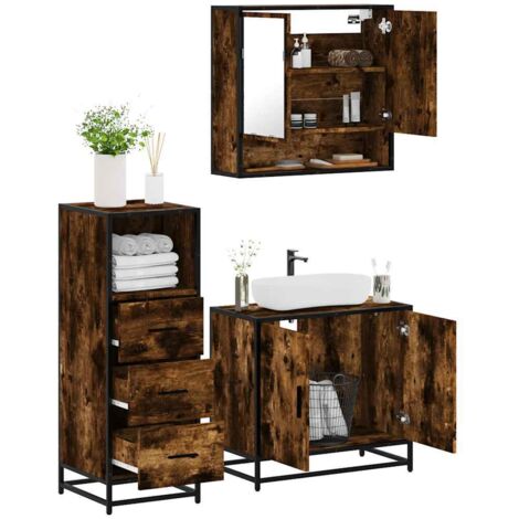 Set de muebles baño 3 pzas madera contrachapada roble ahumado vidaXL