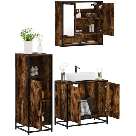 Set de muebles baño 3 pzas madera contrachapada roble ahumado vidaXL