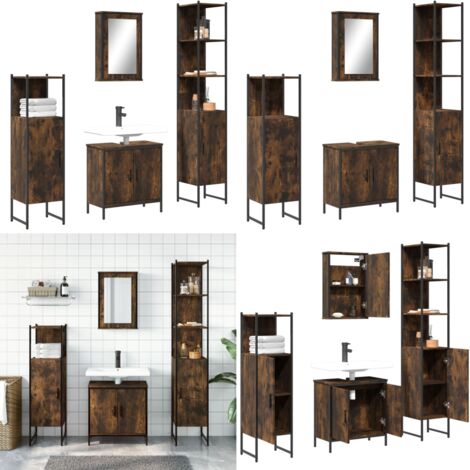 Set de muebles baño 4 pzas madera contrachapada roble ahumado - Armario de baño - Armario con espejo