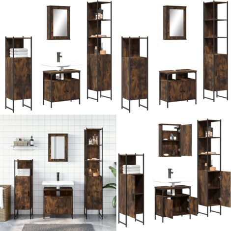 Set de muebles baño 4 pzas madera contrachapada roble ahumado - Armario de baño - Armario con espejo