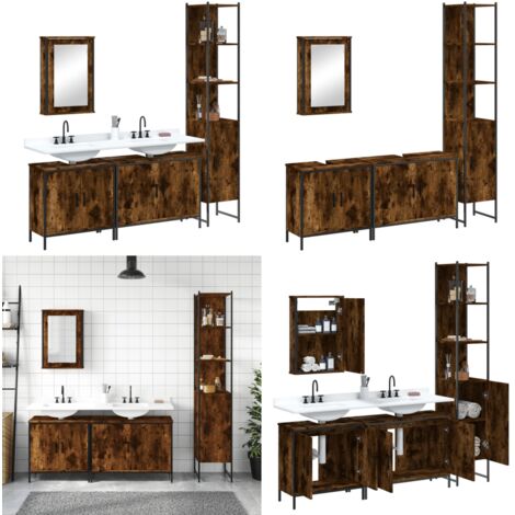 Set de muebles baño 4 pzas madera contrachapada roble ahumado - Armario de baño - Mueble de baño con espejo