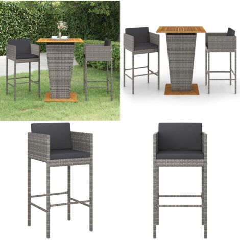 Set de muebles bar jardín 3 pzas y cojines ratán sintético gris - Muebles de exterior - Cojines para bar