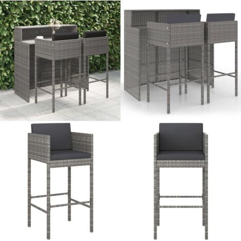 Set de muebles bar jardín 3 pzas y cojines ratán sintético gris - Muebles de exterior - Cojines sintéticos