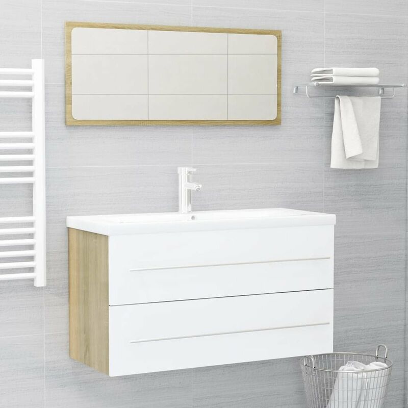 

Set de muebles de bano 2 piezas aglomerado blanco roble Sonoma