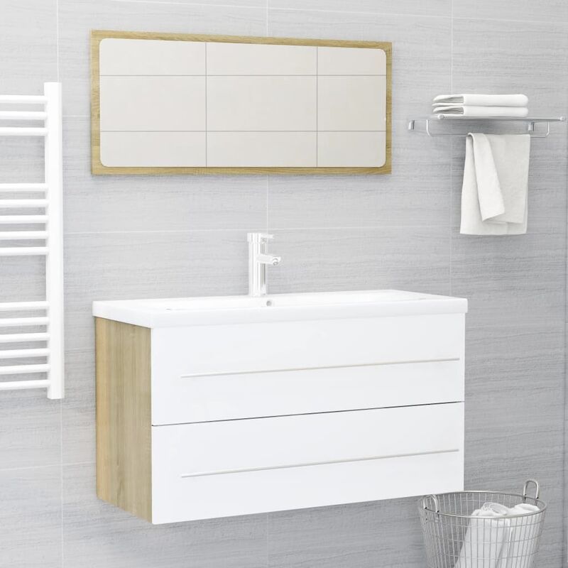 

Set de muebles de baño 2 piezas aglomerado blanco roble Sonoma