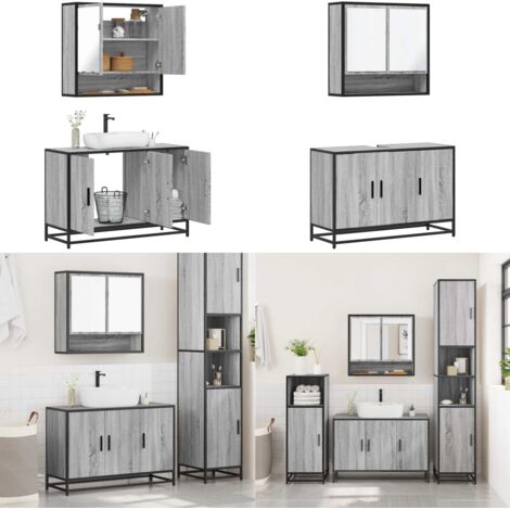 Set de muebles de baño 2 pzas madera contrachapada gris sonoma - Armario de baño - Muebles de baño con espejo