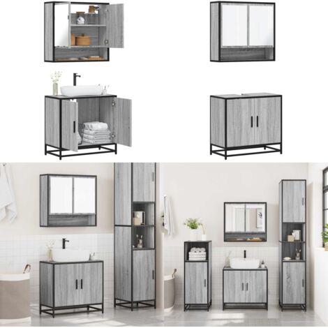 Set de muebles de baño 2 pzas madera contrachapada gris sonoma - Armario de baño - Muebles de baño con espejo