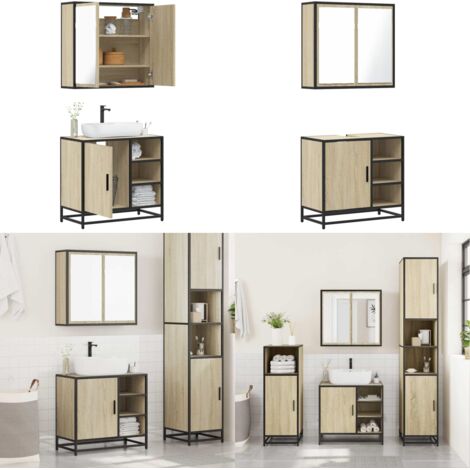 Set de muebles de baño 2 pzas madera contrachapada roble Sonoma - Armario de baño - Muebles de baño con espejo