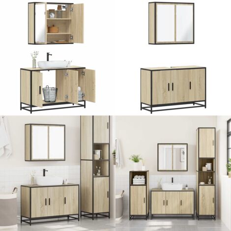 Set de muebles de baño 2 pzas madera contrachapada roble Sonoma - Armario de baño - Muebles de baño con espejo