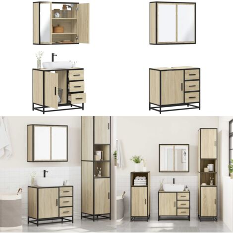 Set de muebles de baño 2 pzas madera contrachapada roble Sonoma - Armario de baño - Muebles de baño con espejo