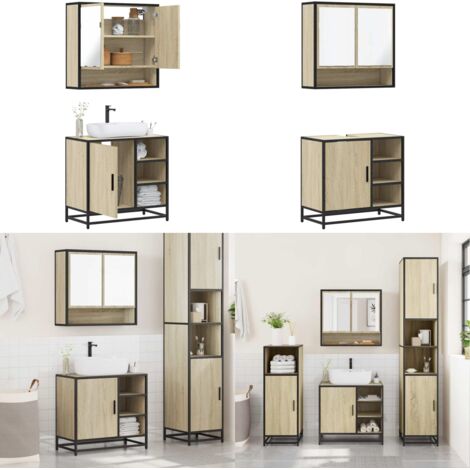 Set de muebles de baño 2 pzas madera contrachapada roble Sonoma - Armario de baño - Muebles de baño con espejo
