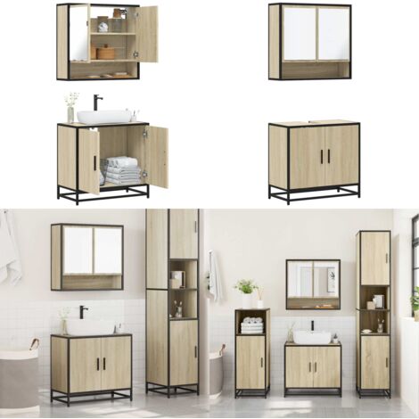 Set de muebles de baño 2 pzas madera contrachapada roble Sonoma - Armario de baño - Muebles de baño con espejo