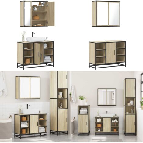 Set de muebles de baño 2 pzas madera contrachapada roble Sonoma - Armario de baño - Muebles de baño con espejo