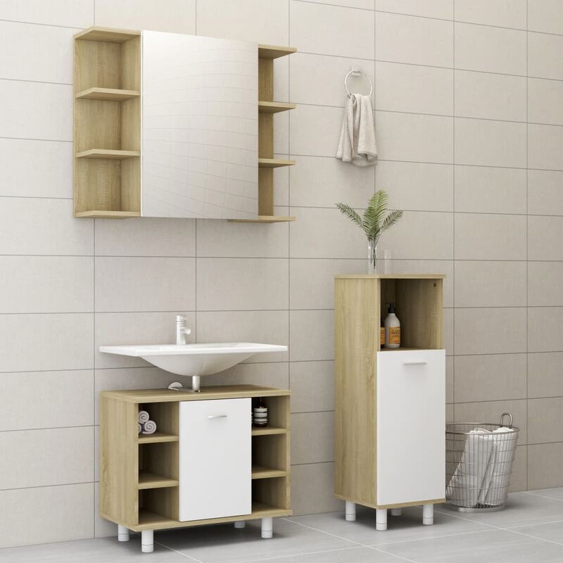 

Set de muebles de baño 3 pzas aglomerado blanco y roble sonoma