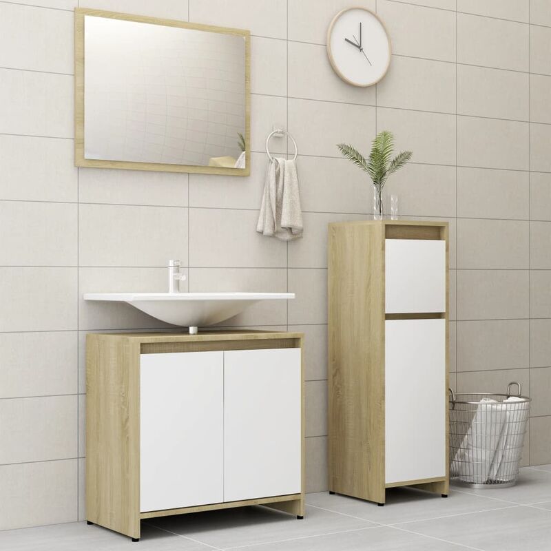 

Set de muebles de baño 3 pzas aglomerado blanco y roble sonoma