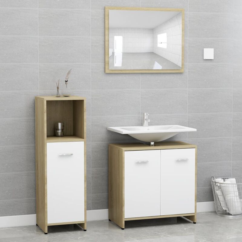 

Set de muebles de baño 3 pzas aglomerado blanco y roble sonoma