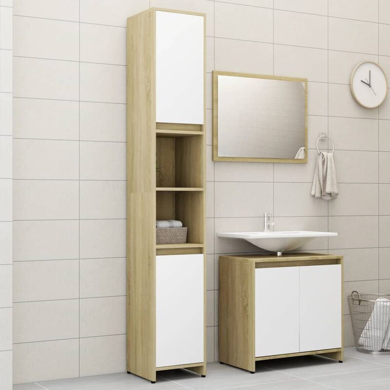 

Set de muebles de baño 3 pzas aglomerado blanco y roble sonoma