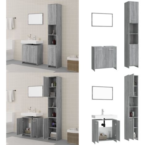 Set de muebles de baño 3 pzas madera contrachapada gris sonoma - Armario de baño - Espejo de baño