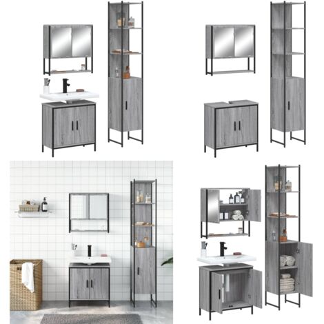 Set de muebles de baño 3 pzas madera contrachapada gris sonoma - Armario de baño - Mueble de baño con espejo