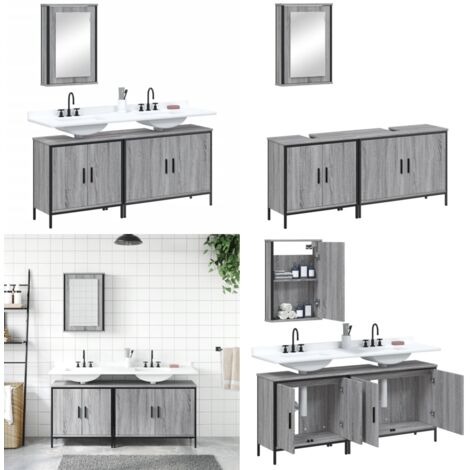Set de muebles de baño 3 pzas madera contrachapada gris sonoma - Armario de baño - Mueble de baño con espejo