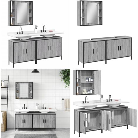 Set de muebles de baño 3 pzas madera contrachapada gris sonoma - Muebles de baño - Armario con espejo