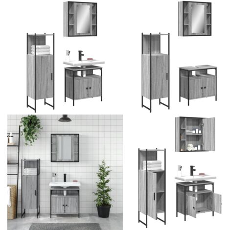 Set de muebles de baño 3 pzas madera contrachapada gris sonoma - Muebles de baño - Armario con espejo