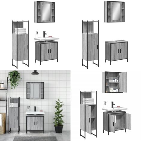 Set de muebles de baño 3 pzas madera contrachapada gris sonoma - Muebles de baño - Armario con espejo