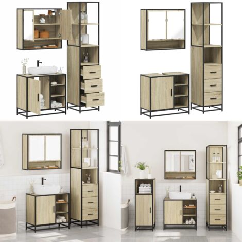 Set de muebles de baño 3 pzas madera contrachapada roble Sonoma - Armario de baño - Armario con espejo