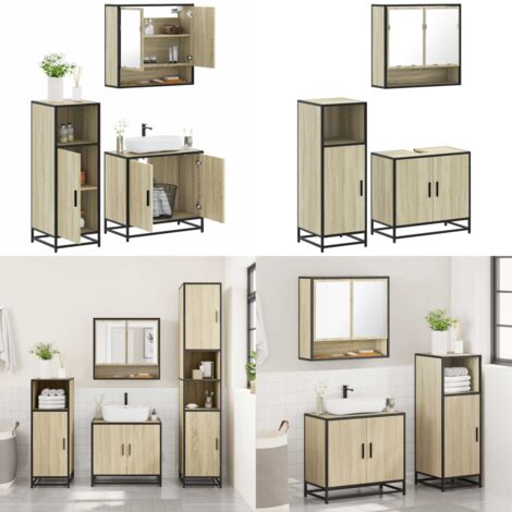 Set de muebles de baño 3 pzas madera contrachapada roble Sonoma - Armario de baño - Muebles de baño con espejo