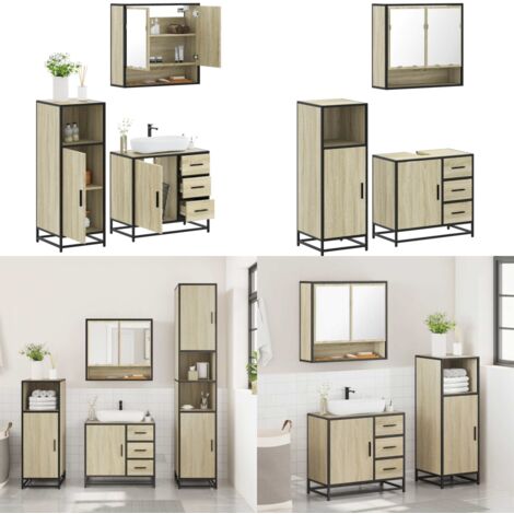 Set de muebles de baño 3 pzas madera contrachapada roble Sonoma - Armario de baño - Muebles de baño con espejo