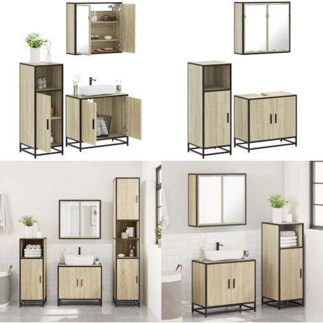 Set de muebles de baño 3 pzas madera contrachapada roble Sonoma - Armario de baño - Muebles de baño con espejo