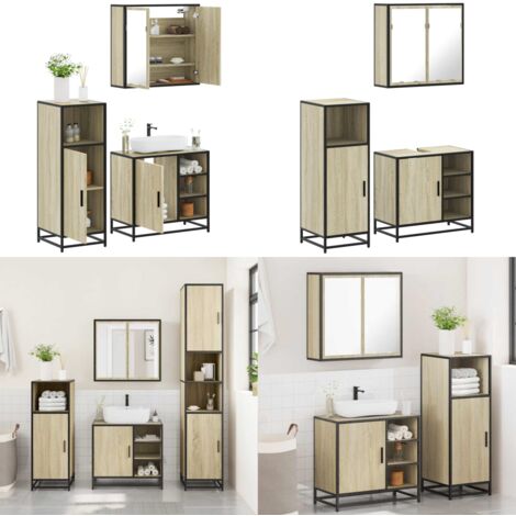 Set de muebles de baño 3 pzas madera contrachapada roble Sonoma - Armario de baño - Muebles de baño con espejo
