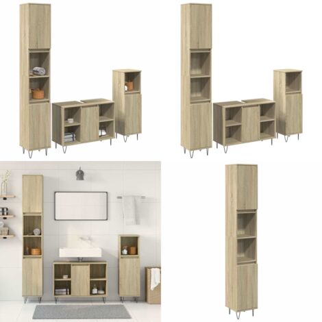 Set de muebles de baño 3 pzas madera contrachapada roble Sonoma - Armario de baño - Muebles de baño con puerta