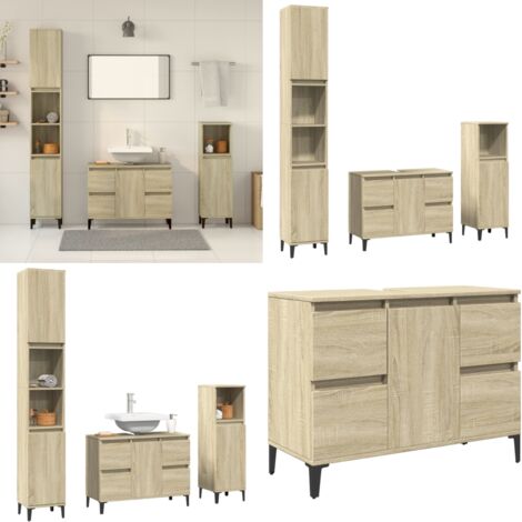 Set de muebles de baño 3 pzas madera contrachapada roble Sonoma - Armario de baño - Muebles de baño de madera